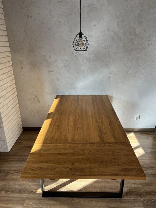 Stół dębowy na stalowej podstawie, rozkladny 140x90/180/220