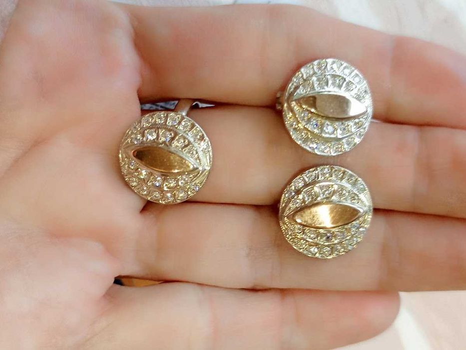 Серьги + кольцо, серебро 925 + золото 375, с золотыми пластинами