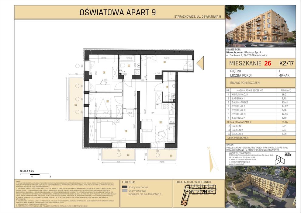 Starachowice centrum, Mieszkanie M4 z balkonami, Stan deweloperski, Nowy budynek