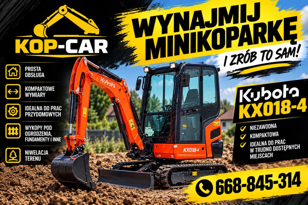 Minikoparka wynajem kubota KX018 z operatorem/bez operatora