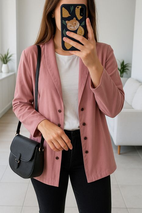 Różowa marynarka żakiet narzutka pudrowy róż 40 38