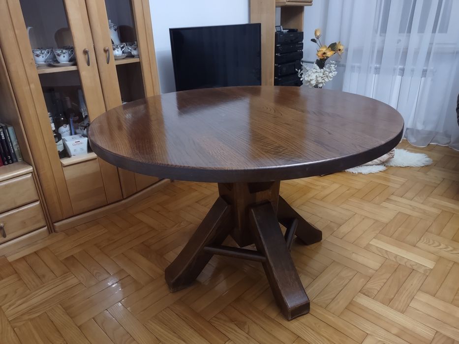 Okrągły Stół drewniany lity dąb, antyk, masywny, 6 miejsc