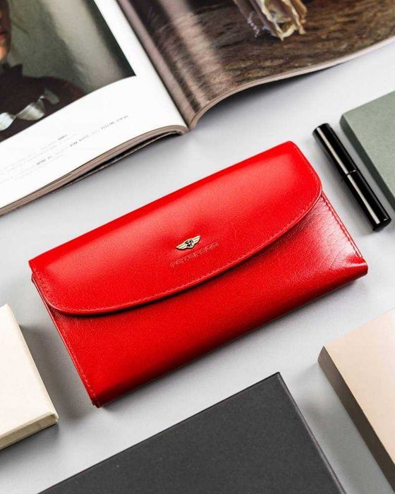 Portfel Damski PETERSON Duży SKÓRZANY Klasyczny Poziomy Elegancki RED
