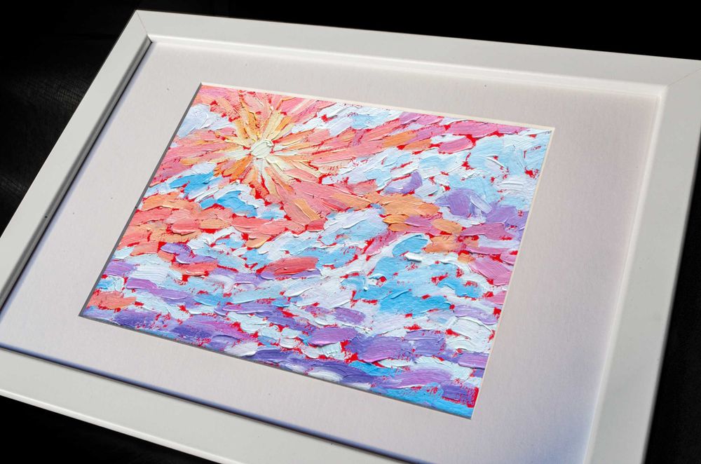 Oryginalny obraz olejny "Na niebie" no.1 w białej ramce