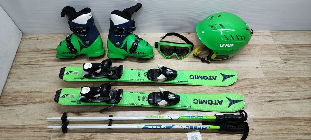 KOMPLET Narty Atomic 80 cm Buty 28 Kask Gogle Kijki