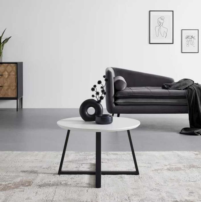 Stolik kawowy 70 cm – biały blat + czarna podstawa, nowoczesny,OKRĄGŁY