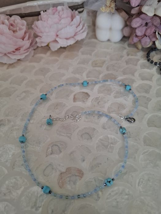 Naszyjnik handmade z naturalnych kamieni hematyt cyjanit turkus agat
