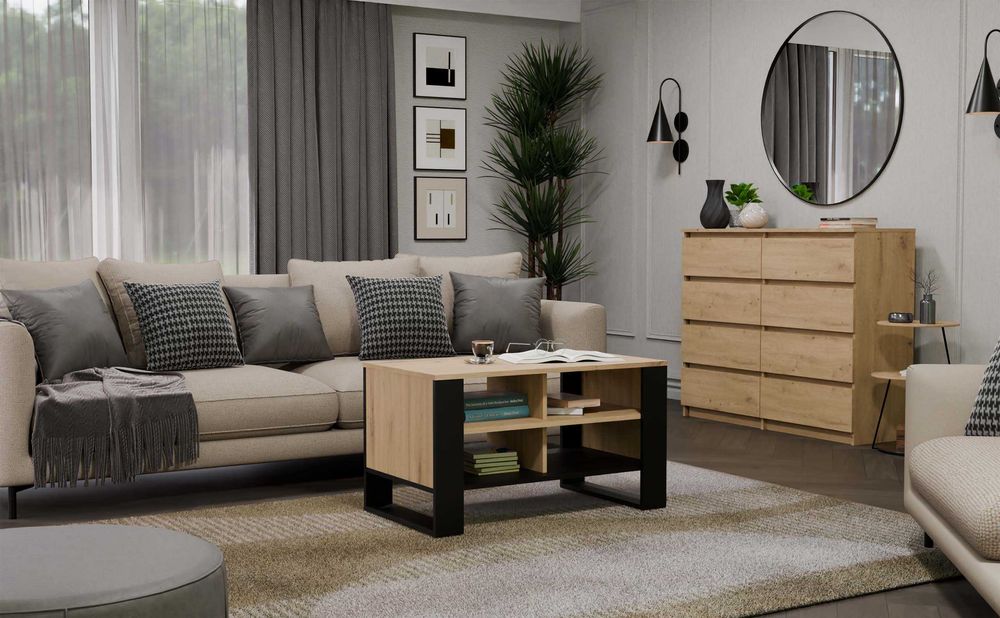 Stolik Kawowy MODERN 4P Ława z 4 Półkami DĄB ARTISAN / CZARNY