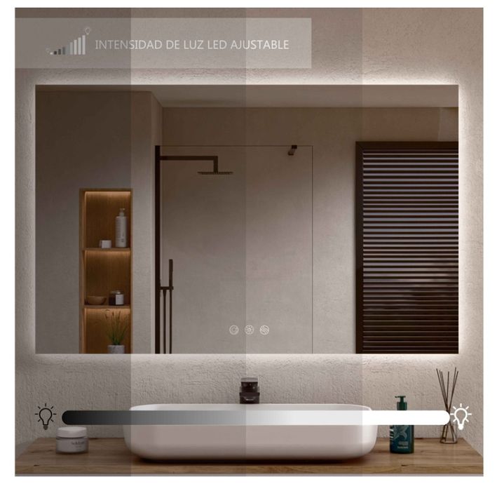 Espelho De Banheiro Com Luz Led, Luz Ajustável Em 3 Cores E Intensidades, Antiembaçante Luz Indireta 80cm Alto X 120cm Largura Bellobath