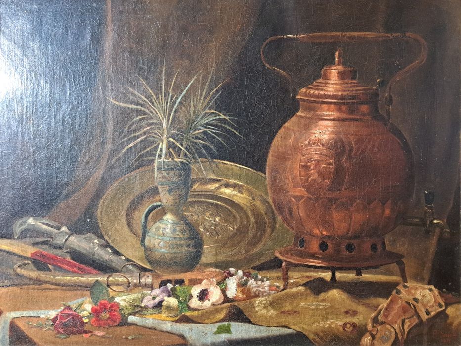 Zabytkowy obraz "Martwa natura z samowarem".B.Sorrola?.Olej na płótnie