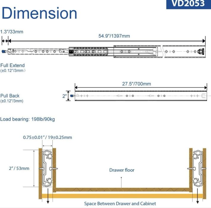 Vadania Guias corrediças calhas para gavetas heavy duty