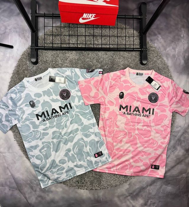 Футболка Adidas Bape x Inter Miami бейп рожева і сіра усі розміри