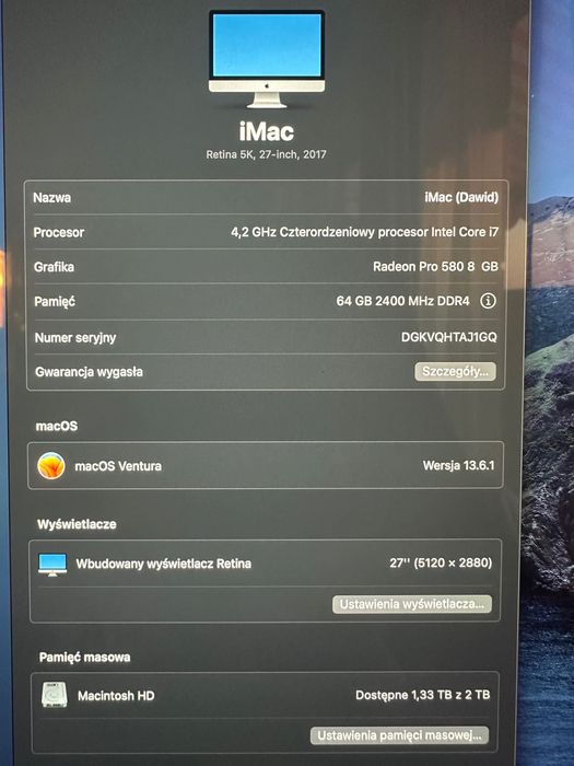 iMac Retina 5K, 27 cali, 4.2GHz, 64GB, 2 TB SSD, Radeon Pro 580 8 GB