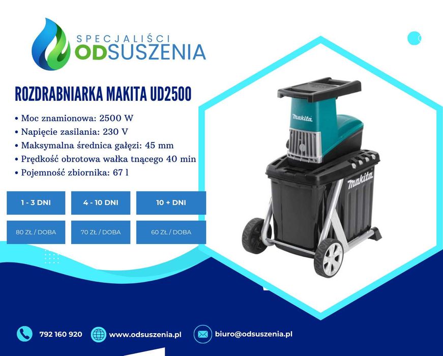 Wynajem rozdrabniacza rębak do gałęzi Makita UD2500
