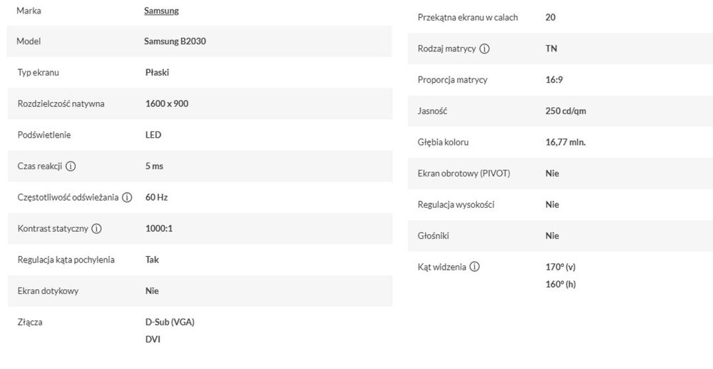 Monitor Samsung B2030 20" LED 1920x1080 D-SUB DVI
