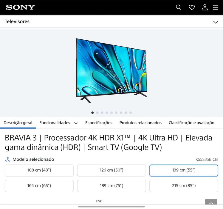 Smart TV Sony BRAVIA 3 55" (K-55S35B.CEI) - 4K HDR / Google TV - Novo
