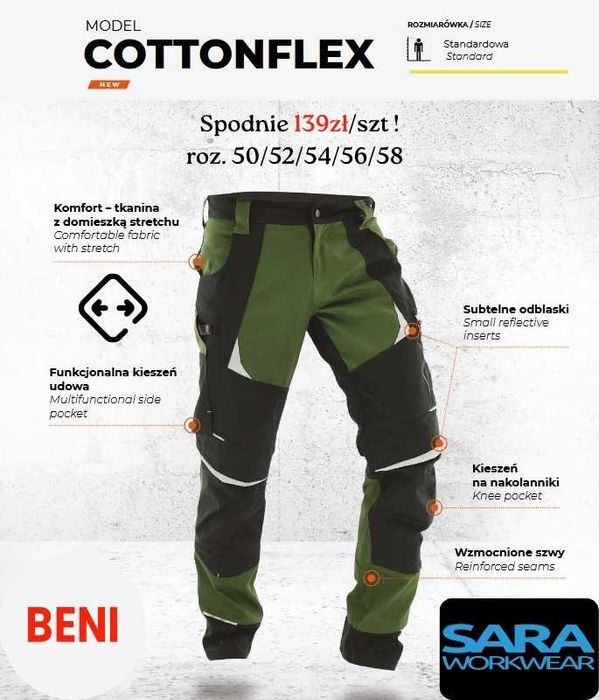 Spodnie Robocze SARA Cottonflex Odzież robocza BHP Tanio! BENI Premium
