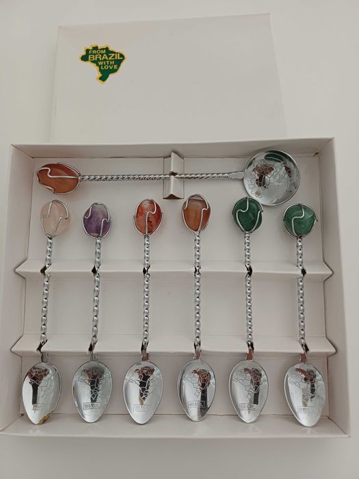 Conjunto 7 colheres café Vintage pedras naturais