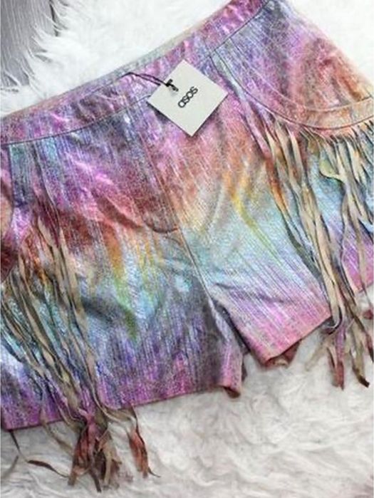 Гламурные шорты asos L 100% натур.кожа голлографик градиент бахрома