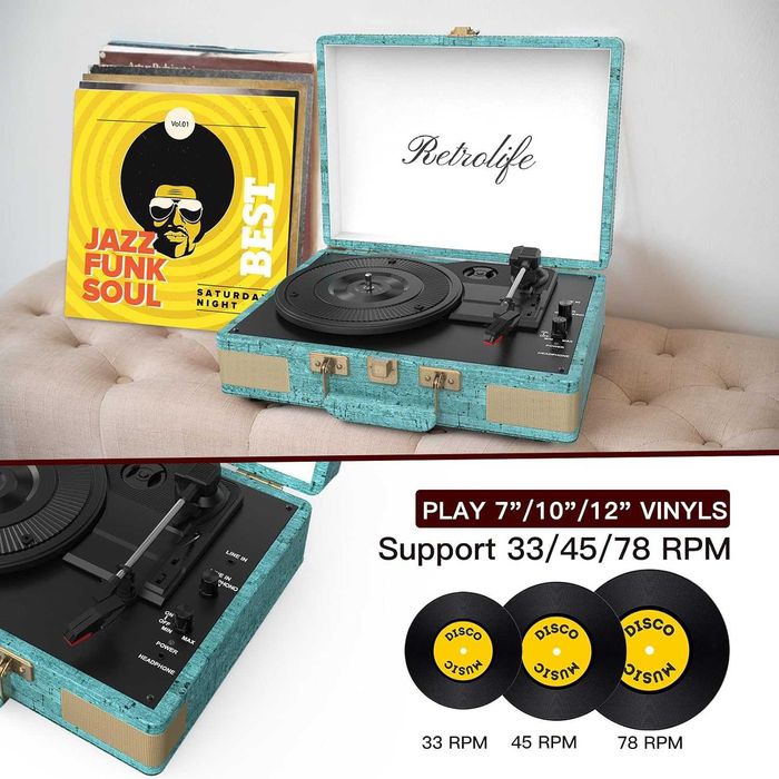 Gramofon Retrolife R610 Winylowy 3 Biegowy Elegancka Walizka Skóra