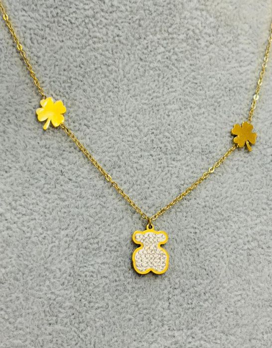 Złoty naszyjnik miś cyrkonie stal chirurgiczna nierdzewna