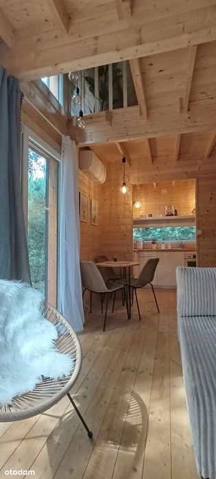Dom drewniany całoroczny w lesie nad rzeką Wkrą