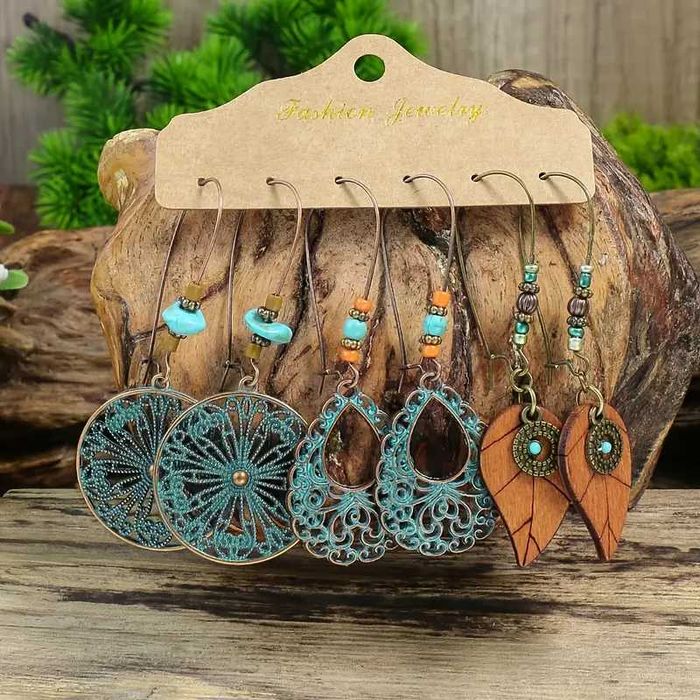 Zestaw 3 par kolczyków miedzianych Etno Boho Vintage