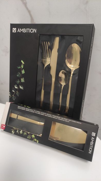 Zestaw złotych sztućców Ambition łopatka i 6 widelczykow