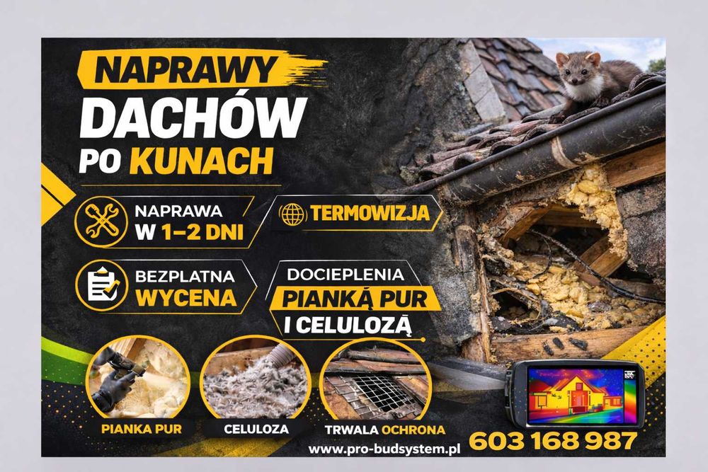 Naprawa Izolacji dachu KUNY Docieplenie CELULOZĄ Ocieplanie PIANĄ PUR