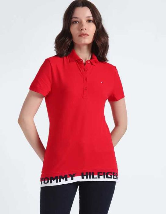 A74 nowa koszulka damska Tommy Hilfiger polo logo czerwona S 36