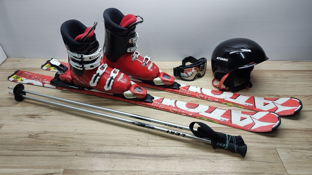 Komplet Narty 130 cm ATOMIC edge Buty r-38 Kijki Kask Gogle