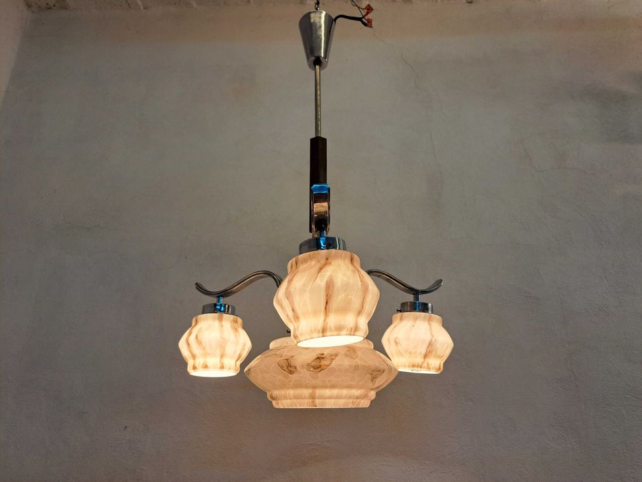 Żyrandol art deco ampla 4 klosze marmurek drewniana wstawka 3 ramienny
