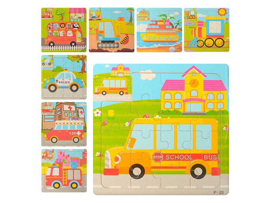 Дерев'яні пазли транспорт тварини,15дет,15х15см,деревянные пазлы