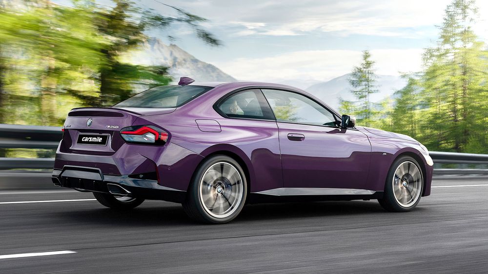 Fioletowe BMW Seria 2 z prawej strony od tyłu