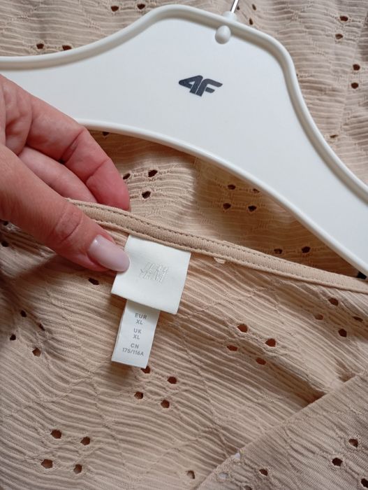 H&M beżowa haftowana bluzka XL bufiasty rękaw