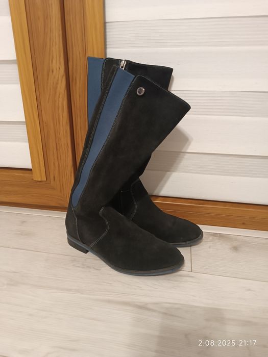 Buty zimowe kozaki granatowe wysokie muszkieterki 35