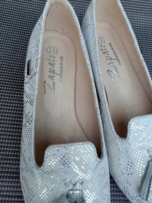 Balerinki lordsy biało srebrne ślub zapato