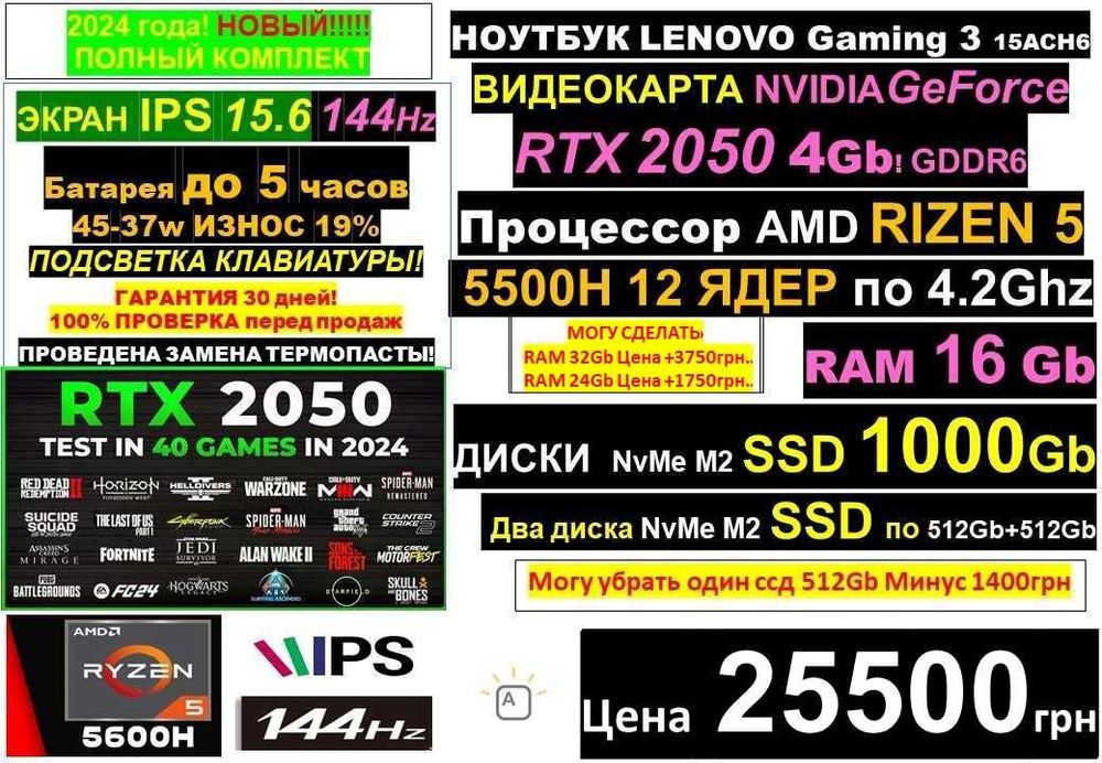 є99 Ноутбуків‼️LENOVO Gaming‼️144Hz RTX2050‼️Ryzen 5‼️SSD512-1Tb/RAM16