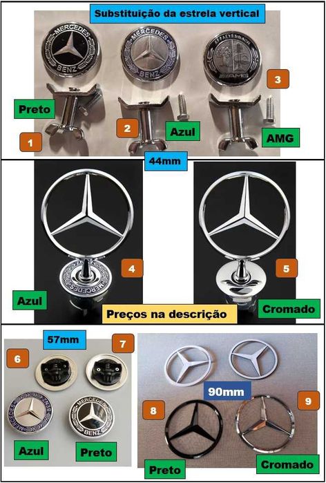 4 centros de jantes 75mm Mercedes Benz azul, preto, prateado Etc.