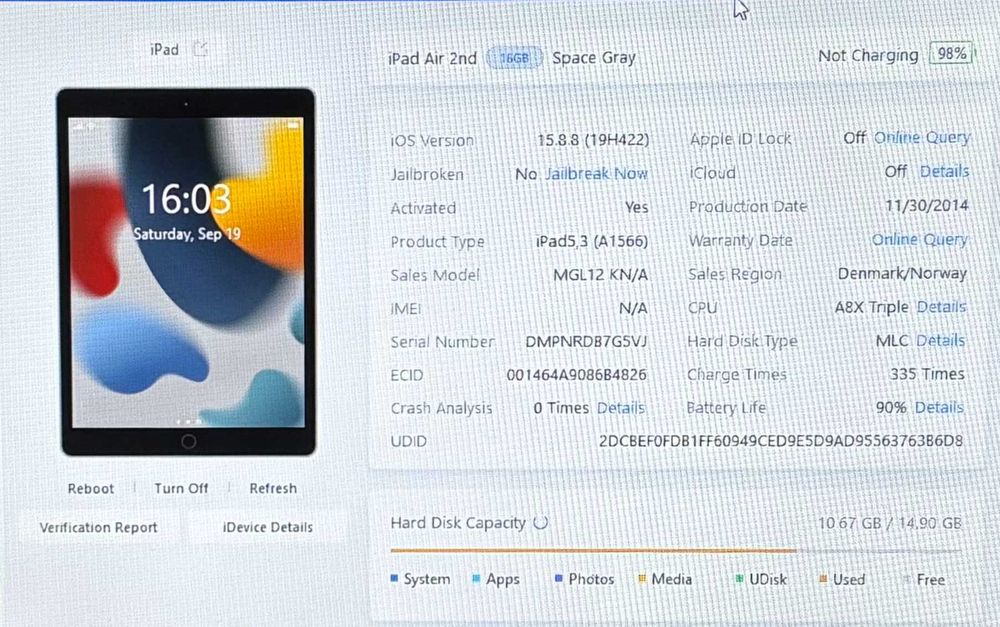 iPad Air 2 16GB Wi-Fi Cellular + Kabel