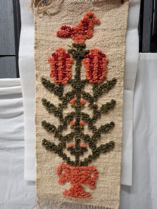 Kilim wełniany ptaszek na kwiatku prl