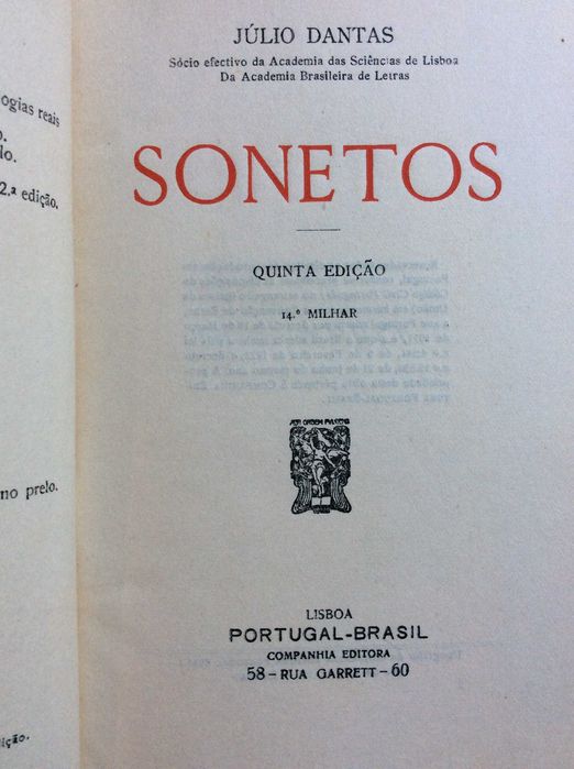 Júlio Dantas - Sonetos, quinta edição, 1916