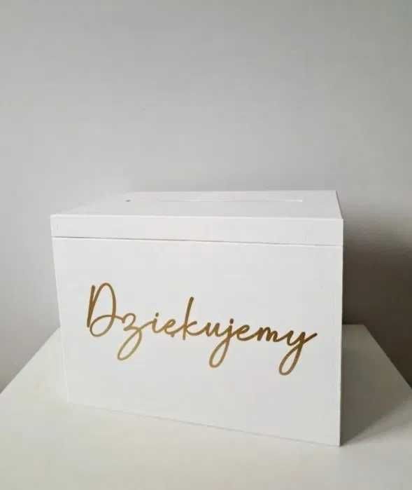 Białe pudełko na koperty złoty napis Dziękujemy wesele ślub skrzynka