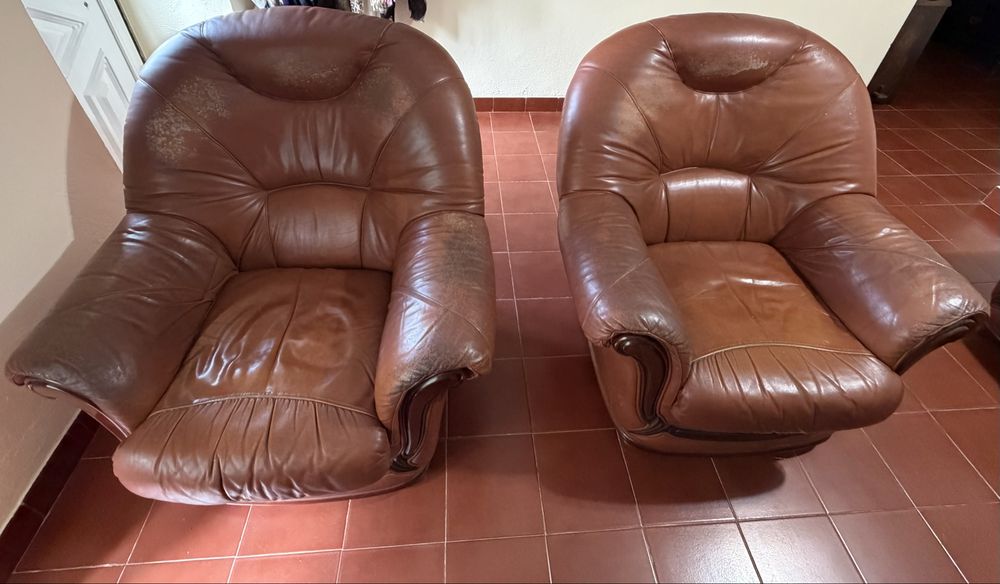 Sofas em pele. Castanho e detalhes madeira