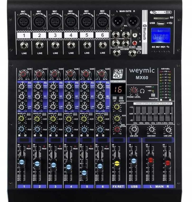 WEYMIC MX-60 Profesjonalny Mixer 6 Kanałów Efektor DSP USB XLR 48V