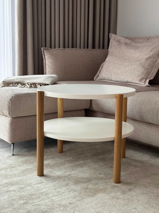 Moonwood Okrągły Stolik Kawowy 60cm, Biały, Dąb