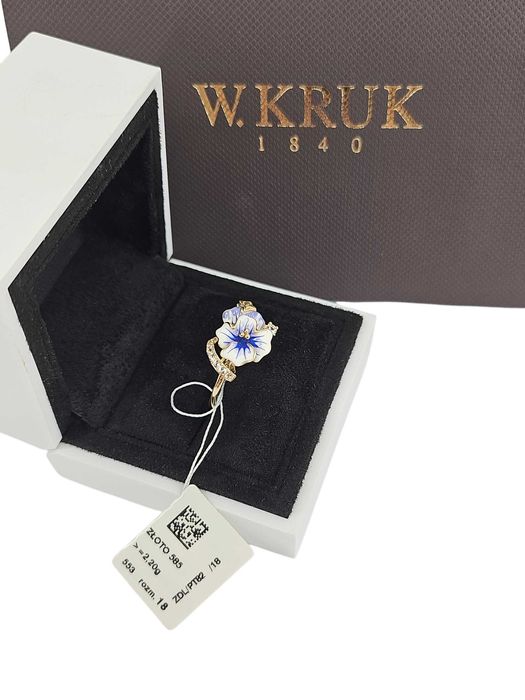 ZŁOTY PIERŚCIONEK kwiaty nocy - BRATEK 2,42G 585 R.18 emalia + topazy