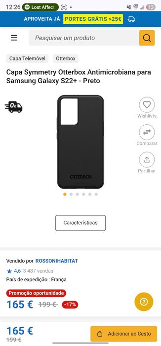 Capa Symmetry Otterbox Antimicrobiana para Samsung Galaxy S22+ - Preto