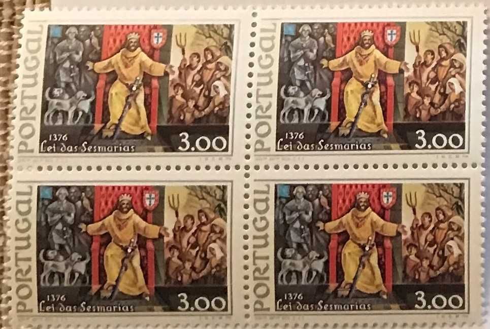 Quadra de selos novos de 3$00 - 6. Cent. da Lei das Sesmarias - 1976