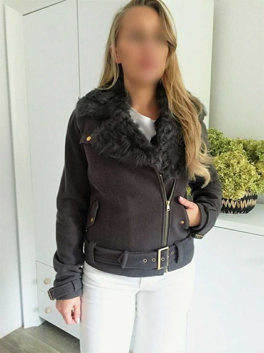 Kurtka ramoneska wełniana szara,kołnierz z królika Ochnik r.S 36